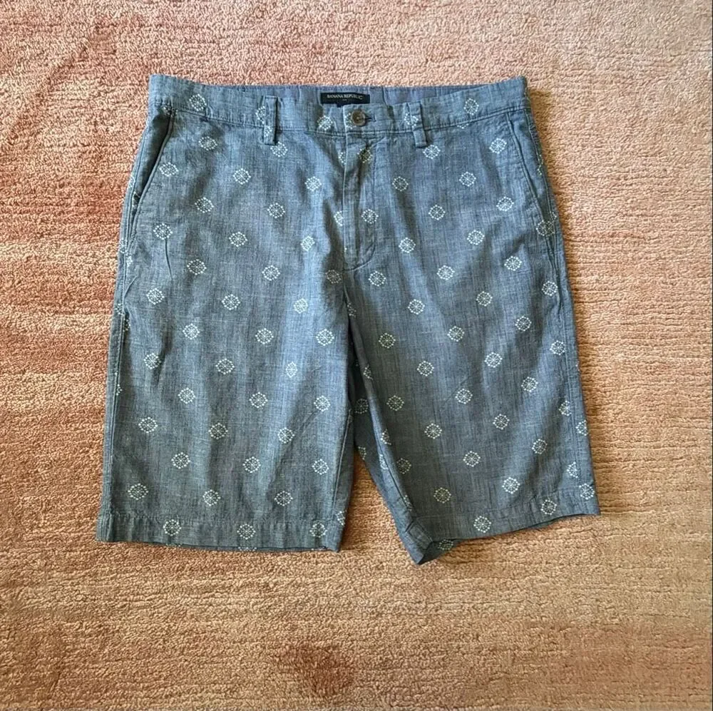 Banana Republic Men’s Gray Chambray Geometric Print Chino Shorts Size 31